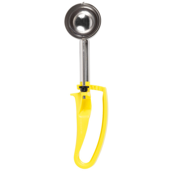 A yellow and silver Vollrath ice cream scoop with an extended handle.
