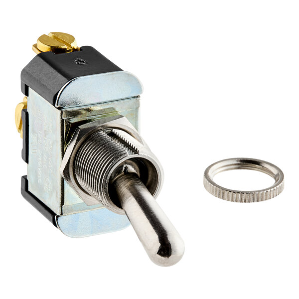 A metal Hobart toggle switch with a round metal ring.