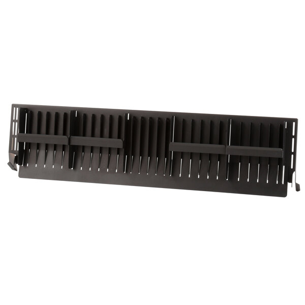 A black metal rack with multiple rows of black bars.