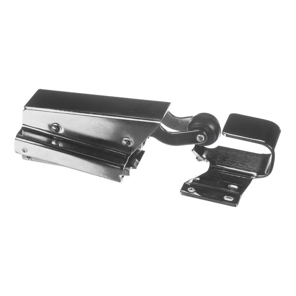 A metallic door closer mechanism with an attached hook, shown against a white background.
