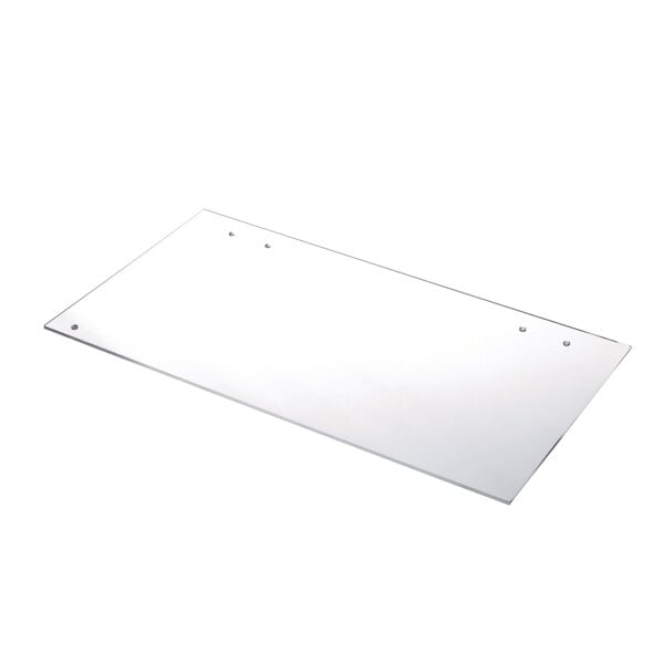 A clear plastic plex door hinge with screws.