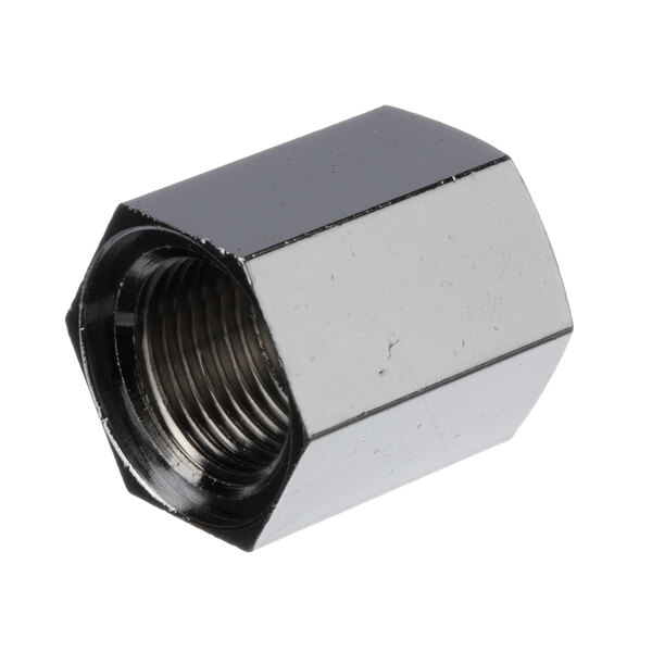 A close-up of a chrome threaded nut.
