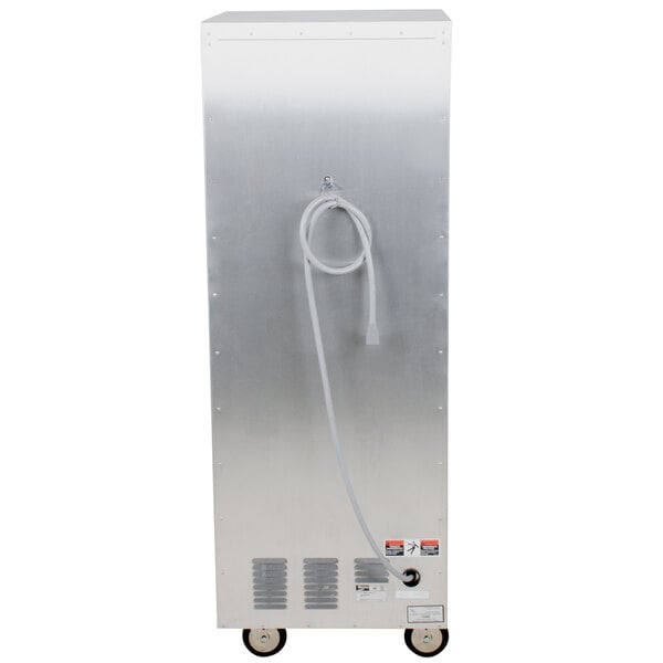 A silver metal Metro holding cabinet with a clear tube on it.