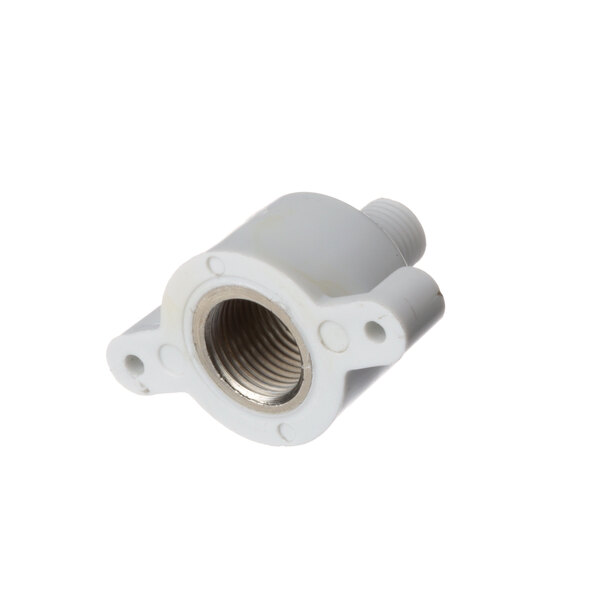 A white plastic pipe fitting with a metal nut.