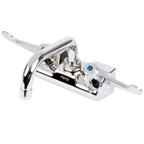 A chrome Equip by T&S wall mount swivel faucet with wrist action handles and 4" centers.