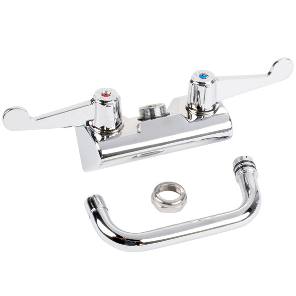 A chrome Equip by T&S wall mount swivel faucet with wrist action handles.