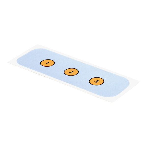A rectangular card with three blue and orange circles and numbers.