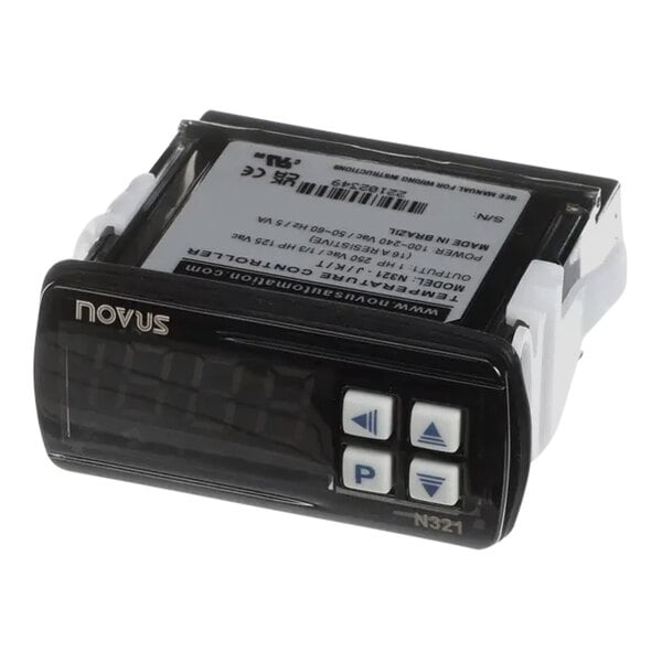 A black and white electronic device with a white digital display with the words "Cretors Novus"