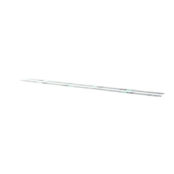 A long white strip with silver text.