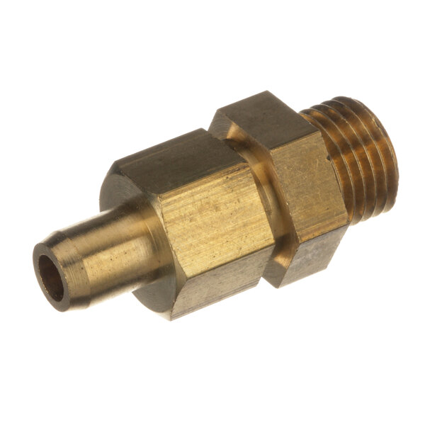 A close-up of a brass threaded male connector for a Quality Espresso machine.