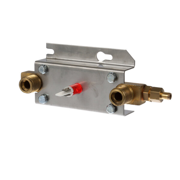 A metal Quality Espresso level assembly with brass connectors and a red pilot handle.