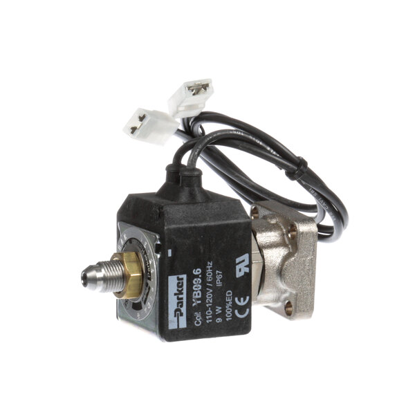 A close-up of a small black and silver solenoid valve with a round metal knob.