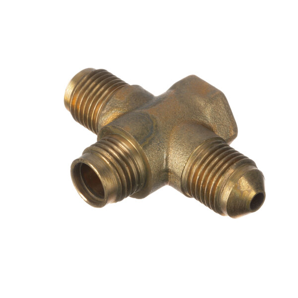 A close-up of a brass Quality Espresso compensation valve assembly fitting.