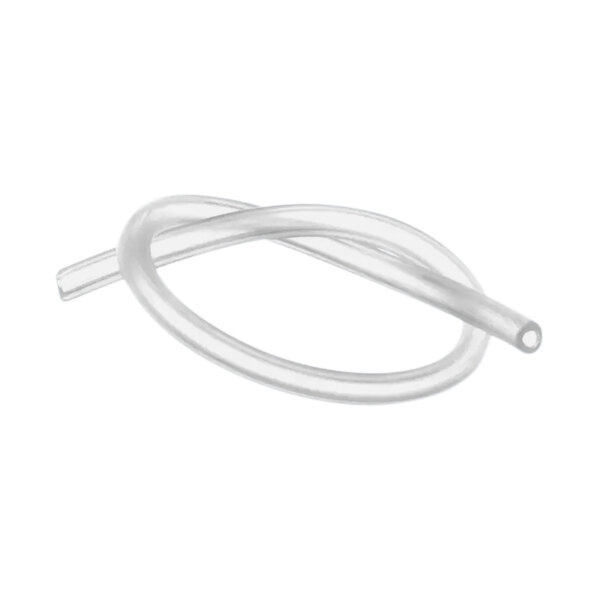 A clear American Dish Service blue polymer chemical line tubing with a loop.