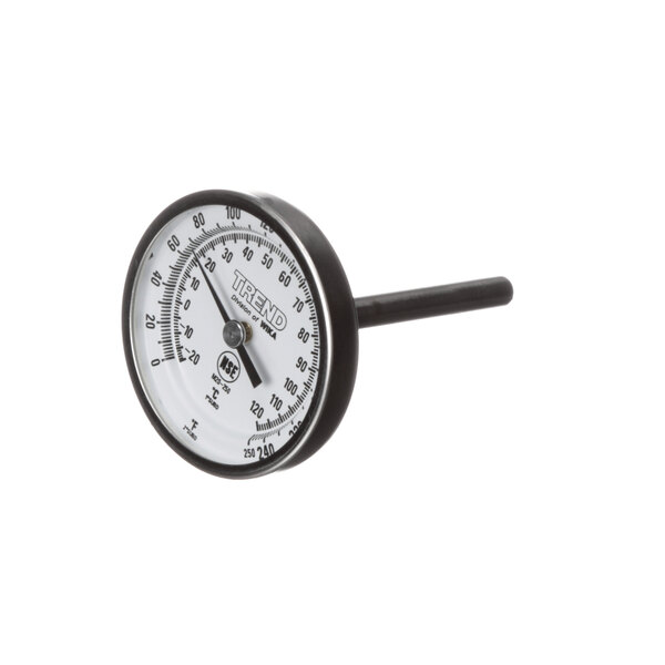 A close-up of an American Dish Service temperature gauge with a black handle.