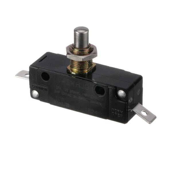 A close-up of a black and silver Follett lever dispense switch.