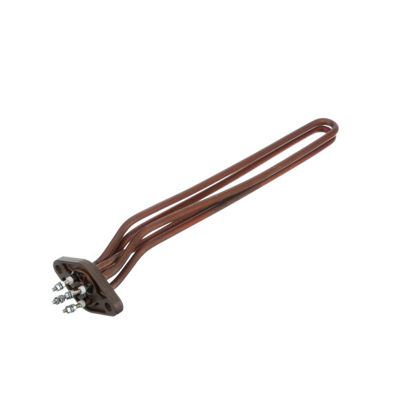 A close-up of a brown metal Quality Espresso heating element with wires.
