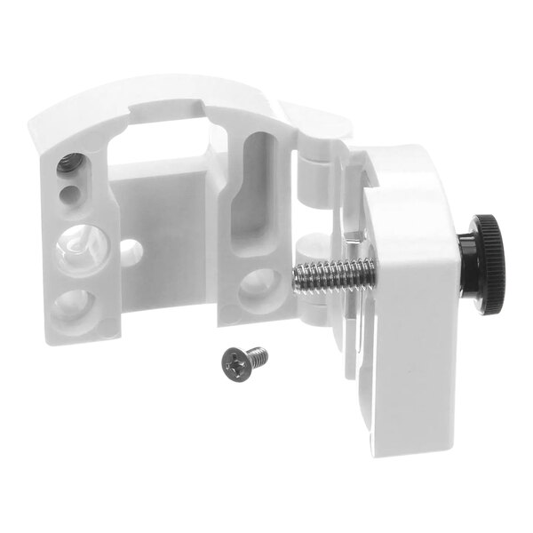 A white plastic service kit bracket for a SureShot Solutions liquid valve.