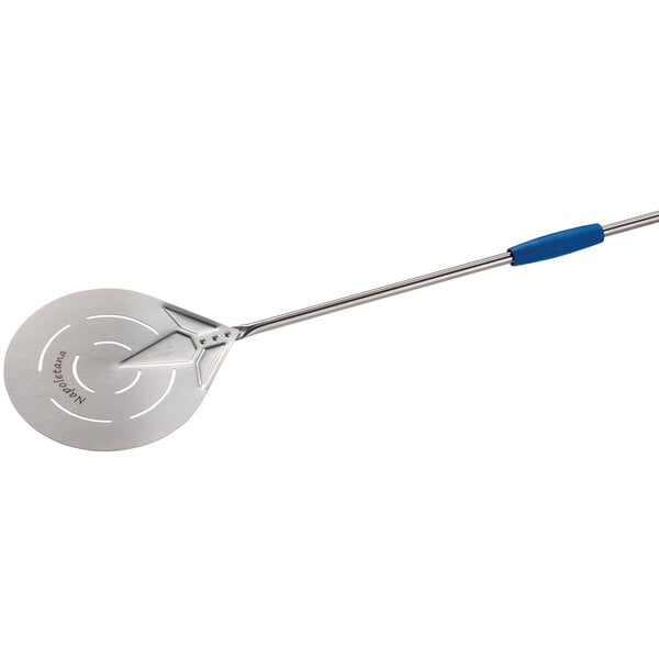 A GI Metal stainless steel round turning perforated pizza peel with a blue handle.