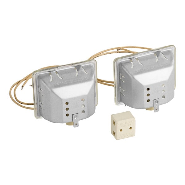 A replacement light kit for Blodgett MB Series, including two metal light housings with attached wires and a ceramic connector block.