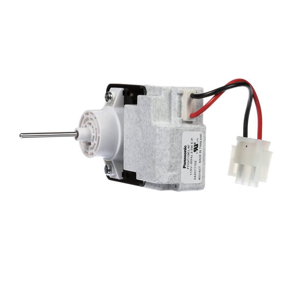 A small white Frigidaire evap motor with red wires.