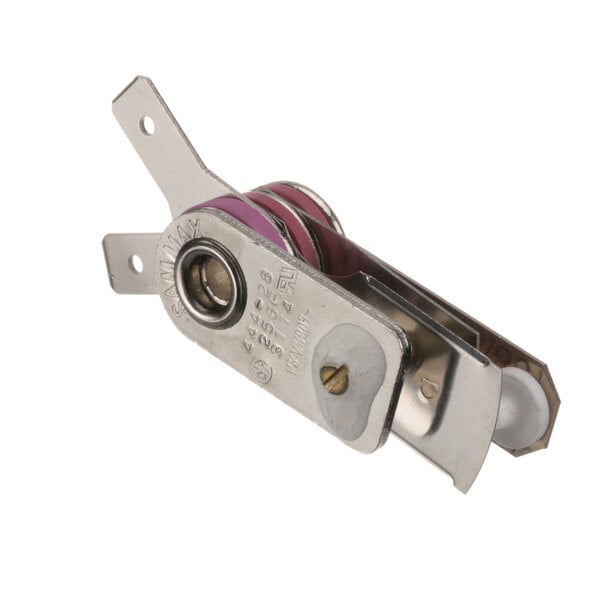 A close-up of a metal Gold Medal thermostat with a purple knob on it.