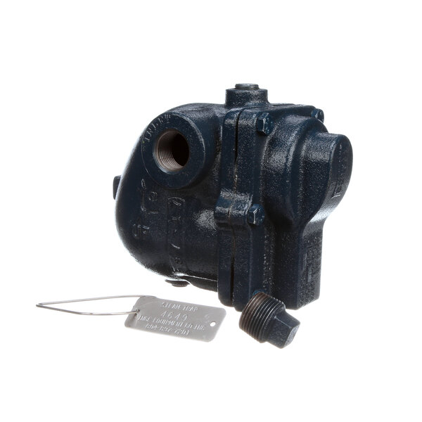 A blue metal Jackson Steam Trap with a metal tag.