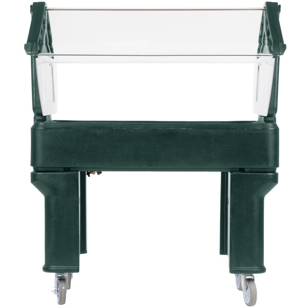 A Carlisle Forest Green portable salad bar with a green stand and wheels.