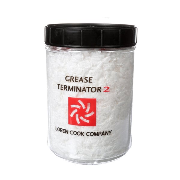 A Loren Cook grease canister. A close-up of a white Loren Cook grease canister.