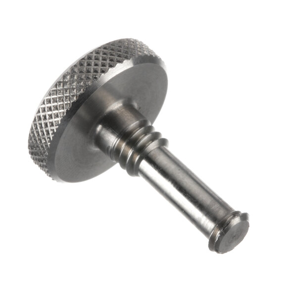 A close-up of a stainless steel screw with a knob on top.