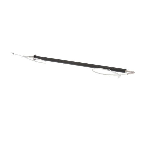 A black and white metal rod with a hook on one end.