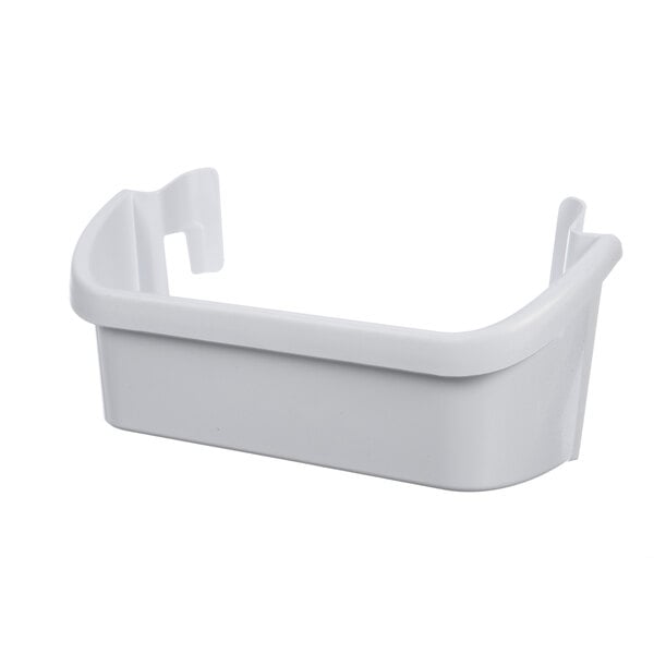 A white plastic clip-on door for a Frigidaire refrigerator upper bin.