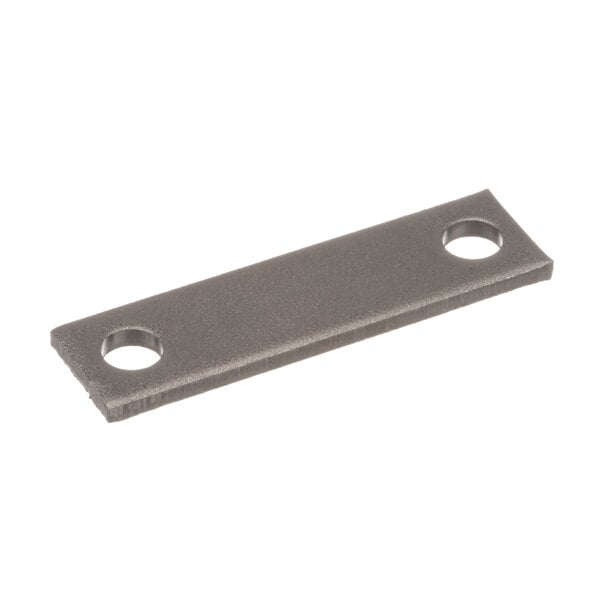 A grey metal rectangular T-stat jumper with two holes.