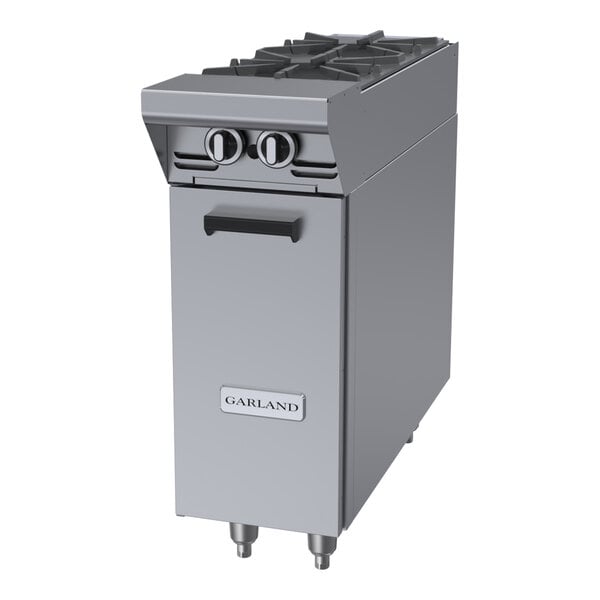 A stainless steel natural gas 2-burner range attachment with a storage base from Garland's Master Series.