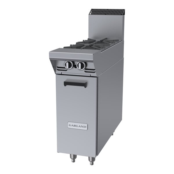 A stainless steel Garland Master Series natural gas 2-burner range attachment with a storage base.