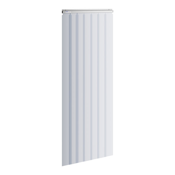 A Kason Easimount strip curtain hanging on a door with black lines on it.