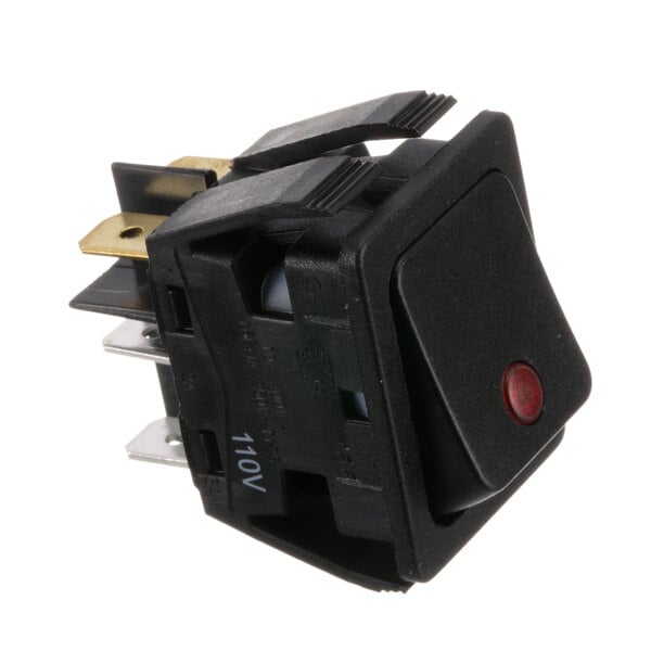 A black rocker switch with a red light.