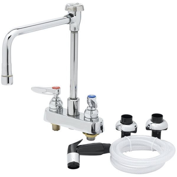 A T&S deck-mounted workboard faucet with a self-closing spray nozzle and vacuum breaker.