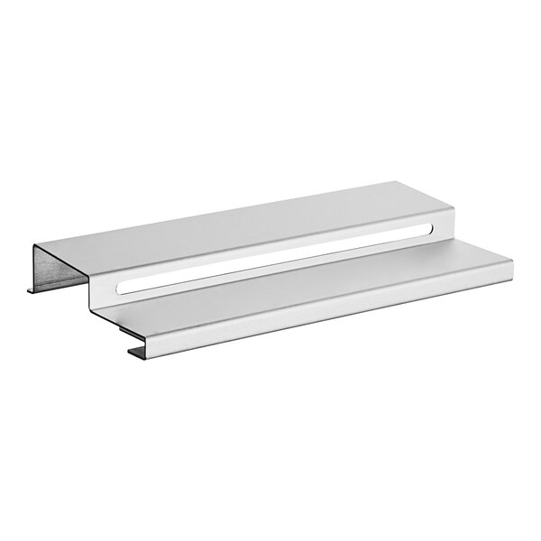 A silver metal shelf with two hooks on it.