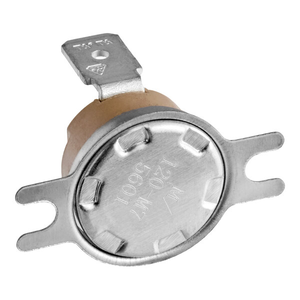 A metallic, round electronic component with two mounting flanges and a single terminal tab.