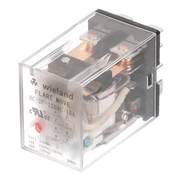 A CaptiveAire relay in a clear plastic box with a clear cover.