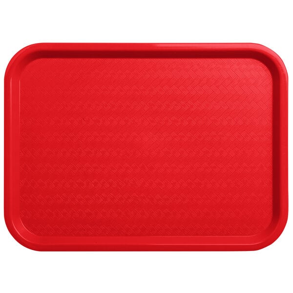 A red Carlisle plastic fast food tray on a counter.