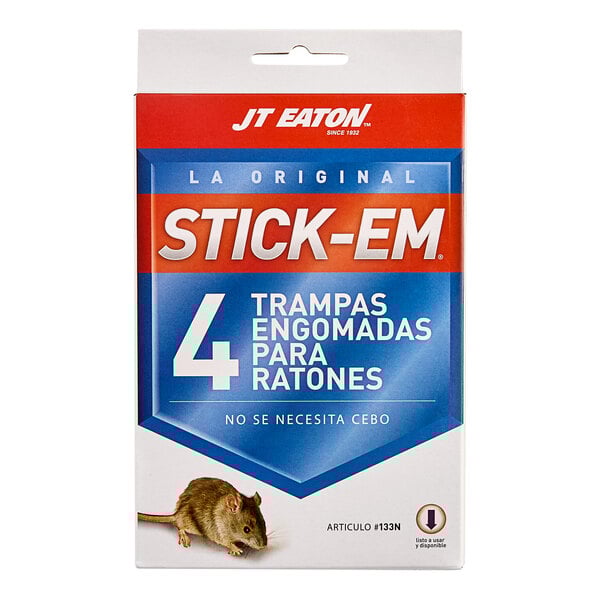 A blue and red JT Eaton box of 4 Stick-Em Mouse Size Glue Traps with white text.