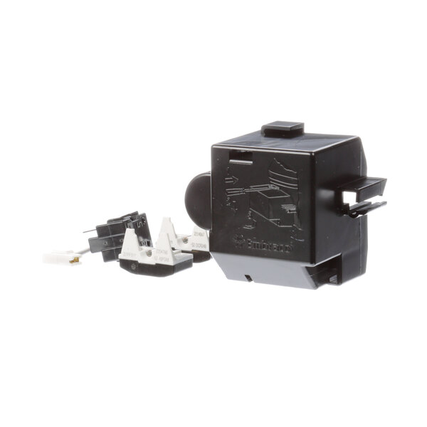 A black and white electrical device with wires and a plug.