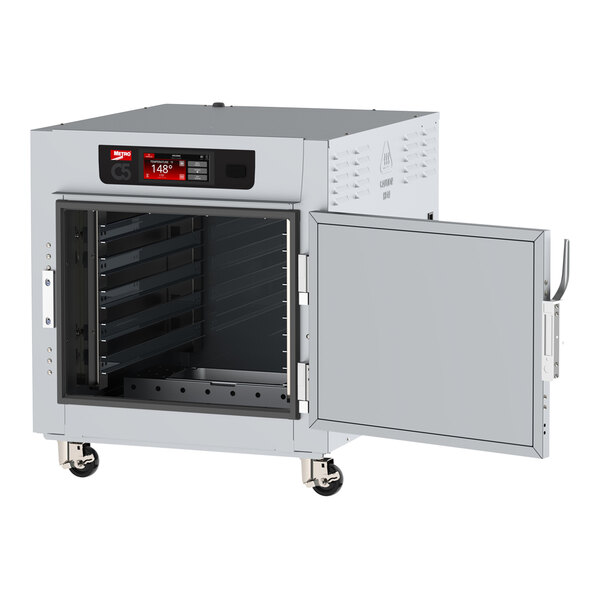 A large metal box with a solid door open.