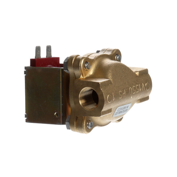 A gold metal Thermodyne solenoid drain valve with a red and black connector.