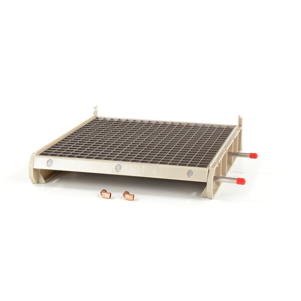 An Ice-O-Matic evaporator grid with copper pipes on a white background.