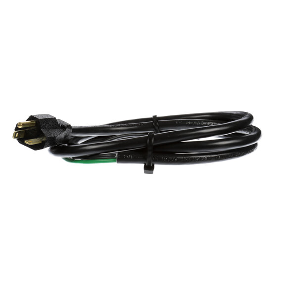 A close up of a black Belleco power cord with a green and black plug.