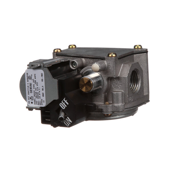 A close-up of a Blodgett gas valve with a switch on a metal object.