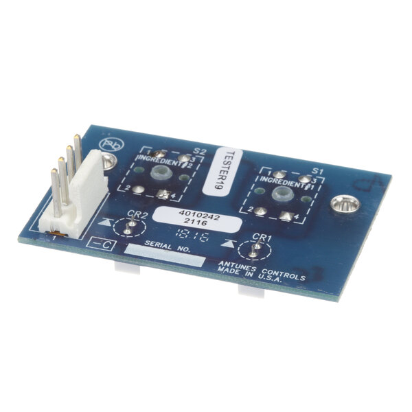 An Antunes blue circuit board with white text, two buttons, and two wires.